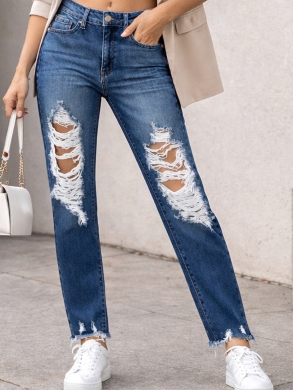KanCan High-Rise Distressed Jeans Blue Stretch Denim Raw Hem Size 28